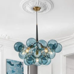 Modern Cluster Blue Glass Globe Bubble Chandelier