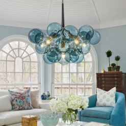 Modern Cluster Blue Glass Globe Bubble Chandelier