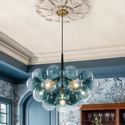 Modern Cluster Gradual Blue Glass Globe Bubble Chandelier