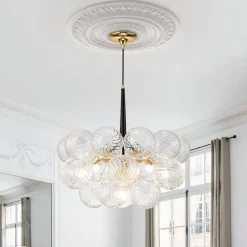 Modern Cluster Ribbed Glass Globe Bubble Chandelier