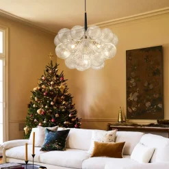 Modern Cluster Ribbed Glass Globe Bubble Chandelier