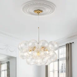 Modern Cluster Ribbed Glass Globe Bubble Chandelier