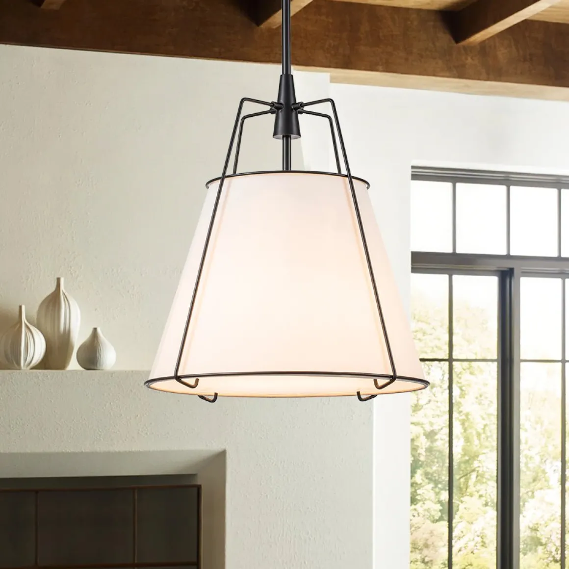 Modern Fabric Conical Drum Cage Pendant Light