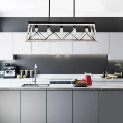 Modern Farmhouse 5-light Kitchen Island Faux Wood Linear Chandelier Pendant