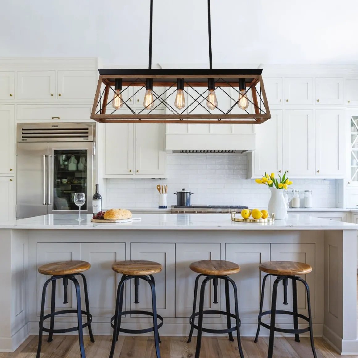 Modern Farmhouse 5-light Kitchen Island Faux Wood Linear Chandelier Pendant