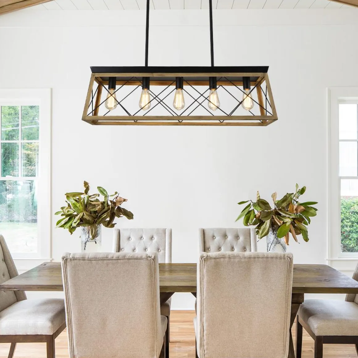 Modern Farmhouse 5-light Kitchen Island Faux Wood Linear Chandelier Pendant