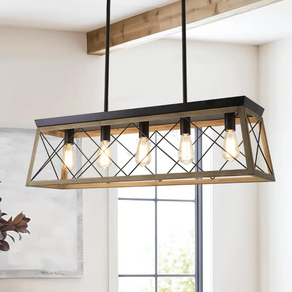 Modern Farmhouse 5-light Kitchen Island Faux Wood Linear Chandelier Pendant