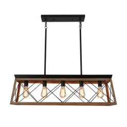 Modern Farmhouse 5-light Kitchen Island Faux Wood Linear Chandelier Pendant