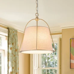 Modern Ivory Linen Conical Drum Cage Pendant Light