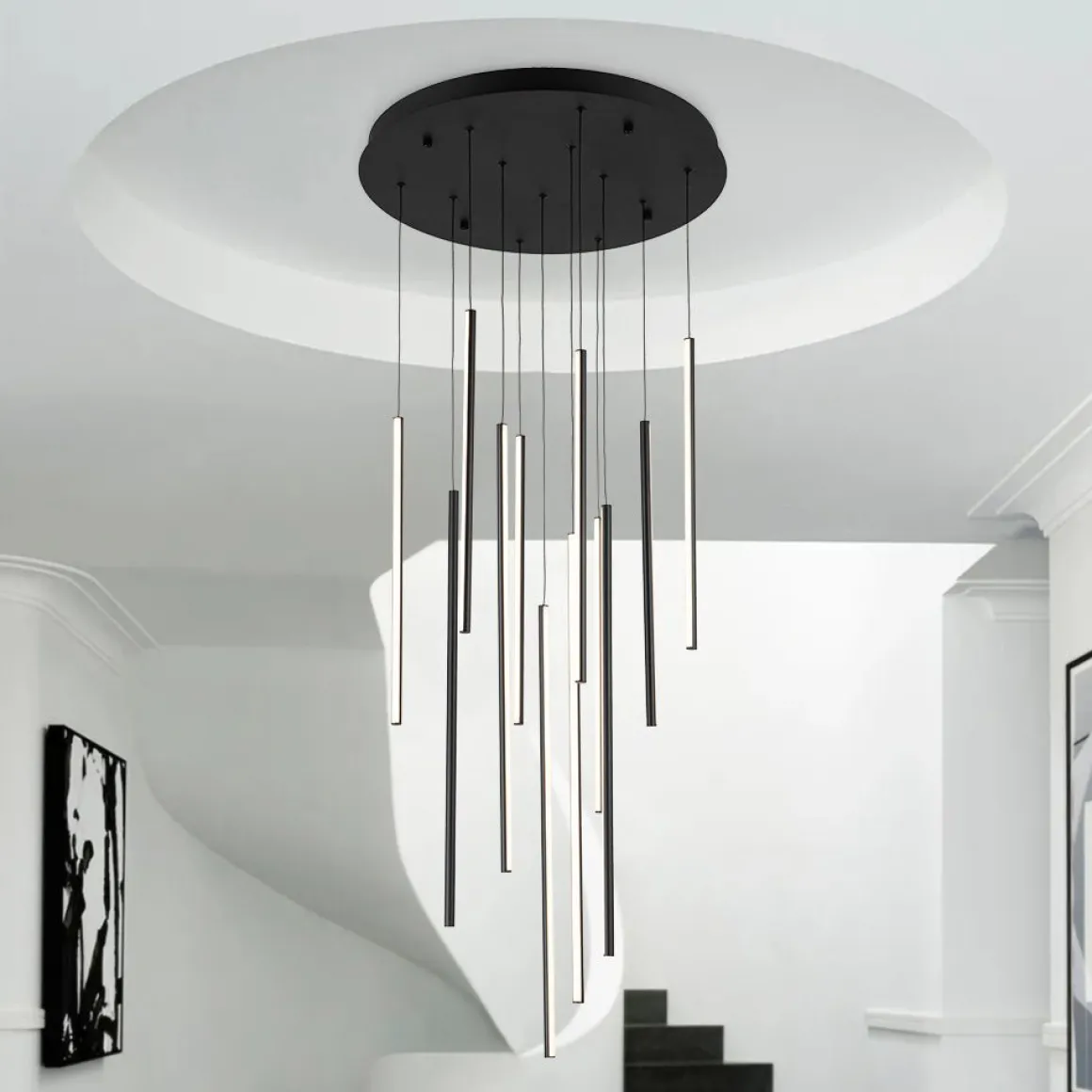 Modern 12-Light Black Cluster Tube LED Pendant Light