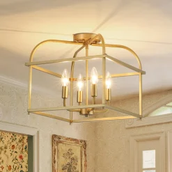 Modern 4-Light Candle Style Square Cage Semi Flush Mount