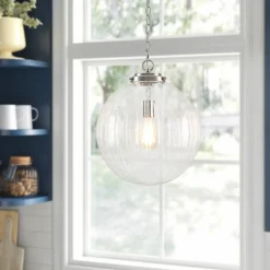 Modern 1-Light Clear Ribbed Glass Globe Pendant
