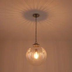 Modern 1-Light Clear Ribbed Glass Globe Pendant