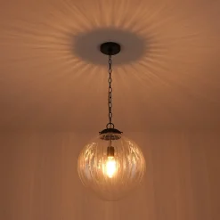 Modern 1-Light Clear Ribbed Glass Globe Pendant