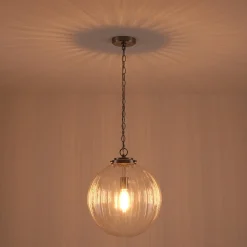 Modern 1-Light Clear Ribbed Glass Globe Pendant