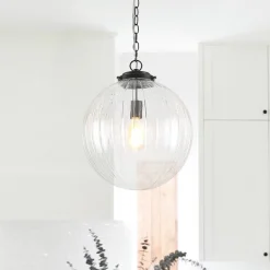 Modern 1-Light Clear Ribbed Glass Globe Pendant