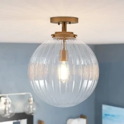 Modern 1-Light Clear Ribbed Glass Globe Semi Flush Mount