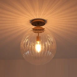 Modern 1-Light Clear Ribbed Glass Globe Semi Flush Mount