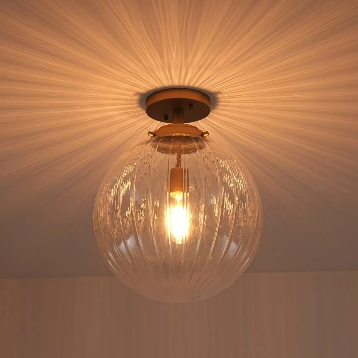 Modern 1-Light Clear Ribbed Glass Globe Semi Flush Mount