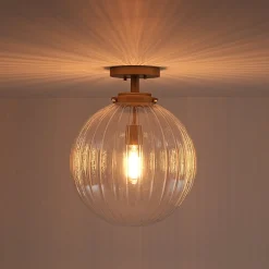 Modern 1-Light Clear Ribbed Glass Globe Semi Flush Mount