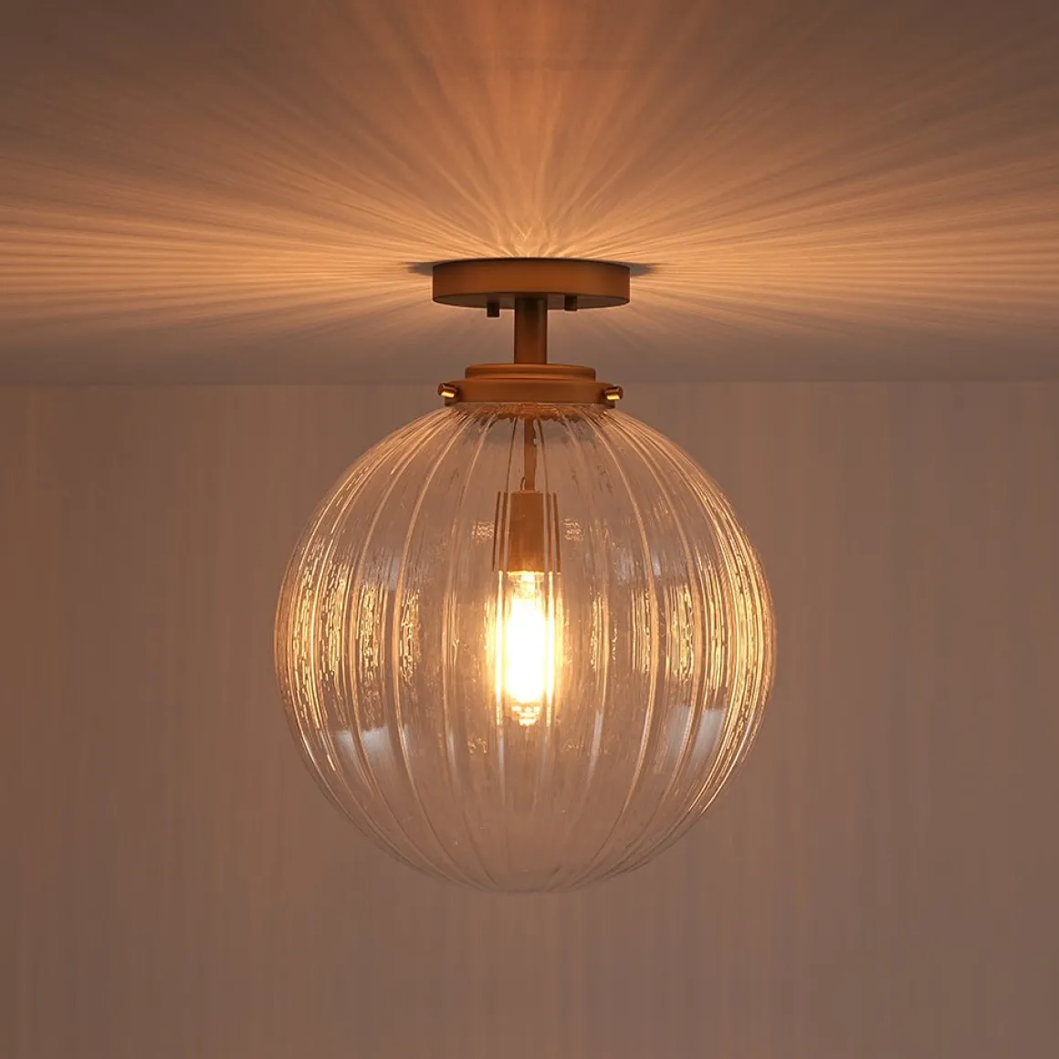 Modern 1-Light Clear Ribbed Glass Globe Semi Flush Mount