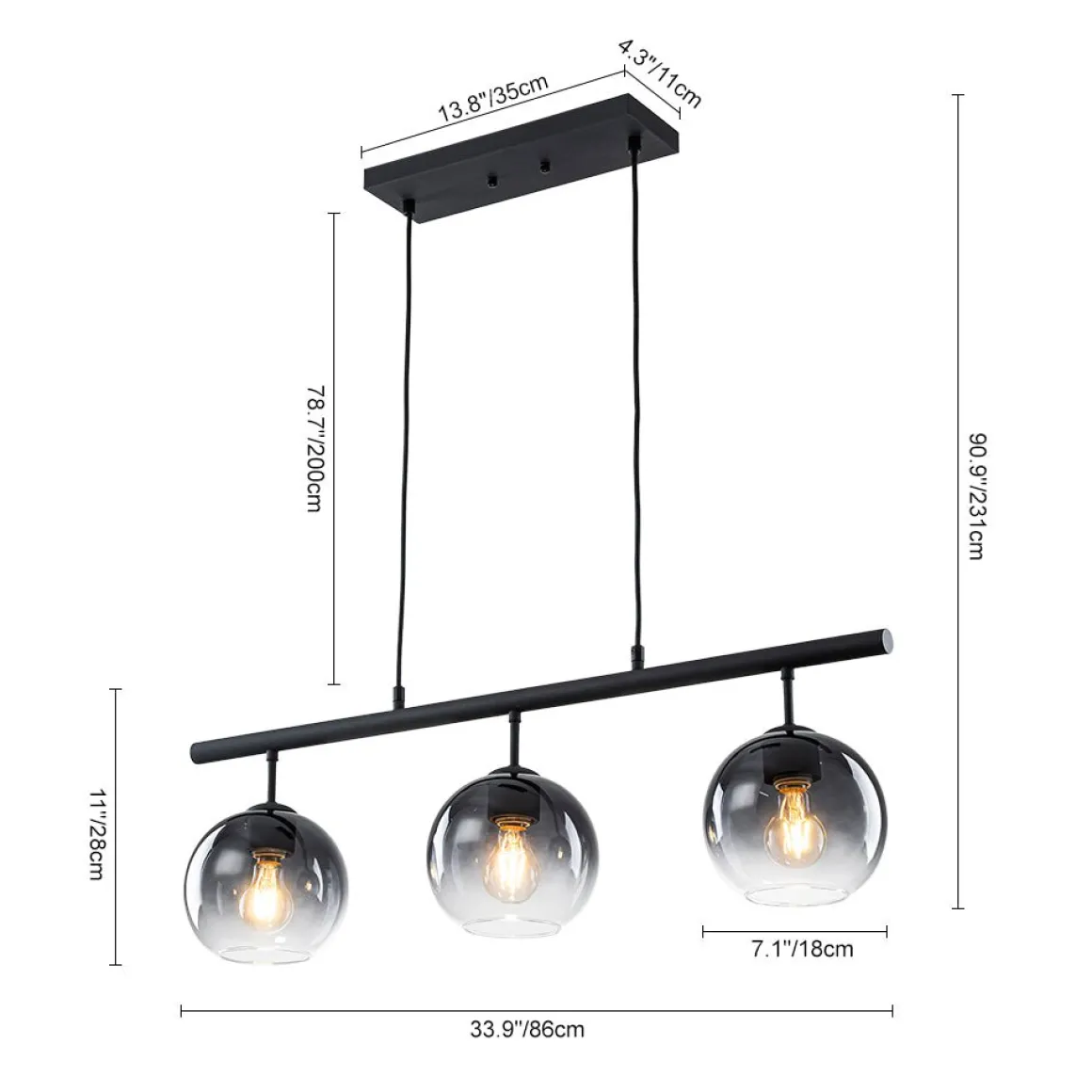 Modern 3-Light Gradual Smoked Glass Globe Island Chandelier
