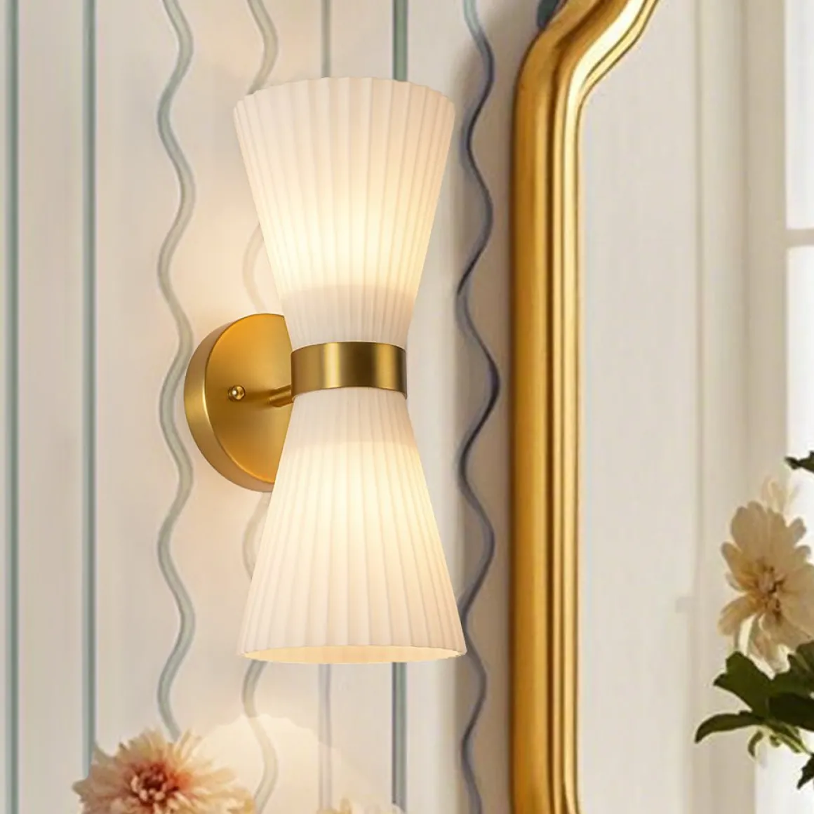 Modern 2-Light Up Down Pleated Glass Cone Wall Sconce