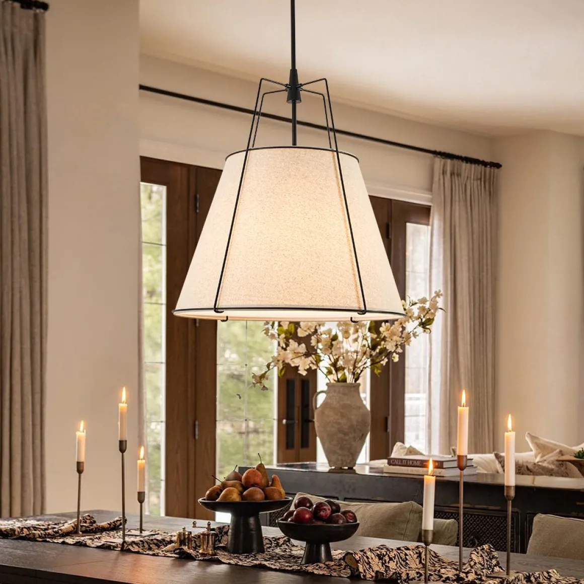 Modern Linen Conical Drum Cage Pendant Light