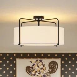 Modern Round White Fabric Drum Cage Semi Flush Mount