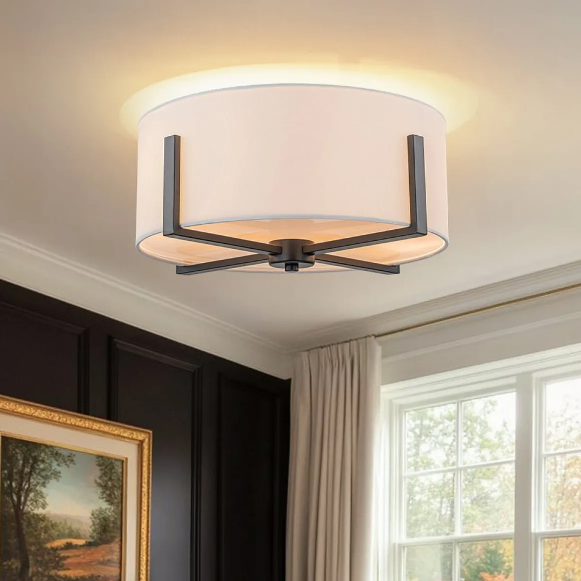 Modern Wide Drum Fabric Cage Flush Mount Light