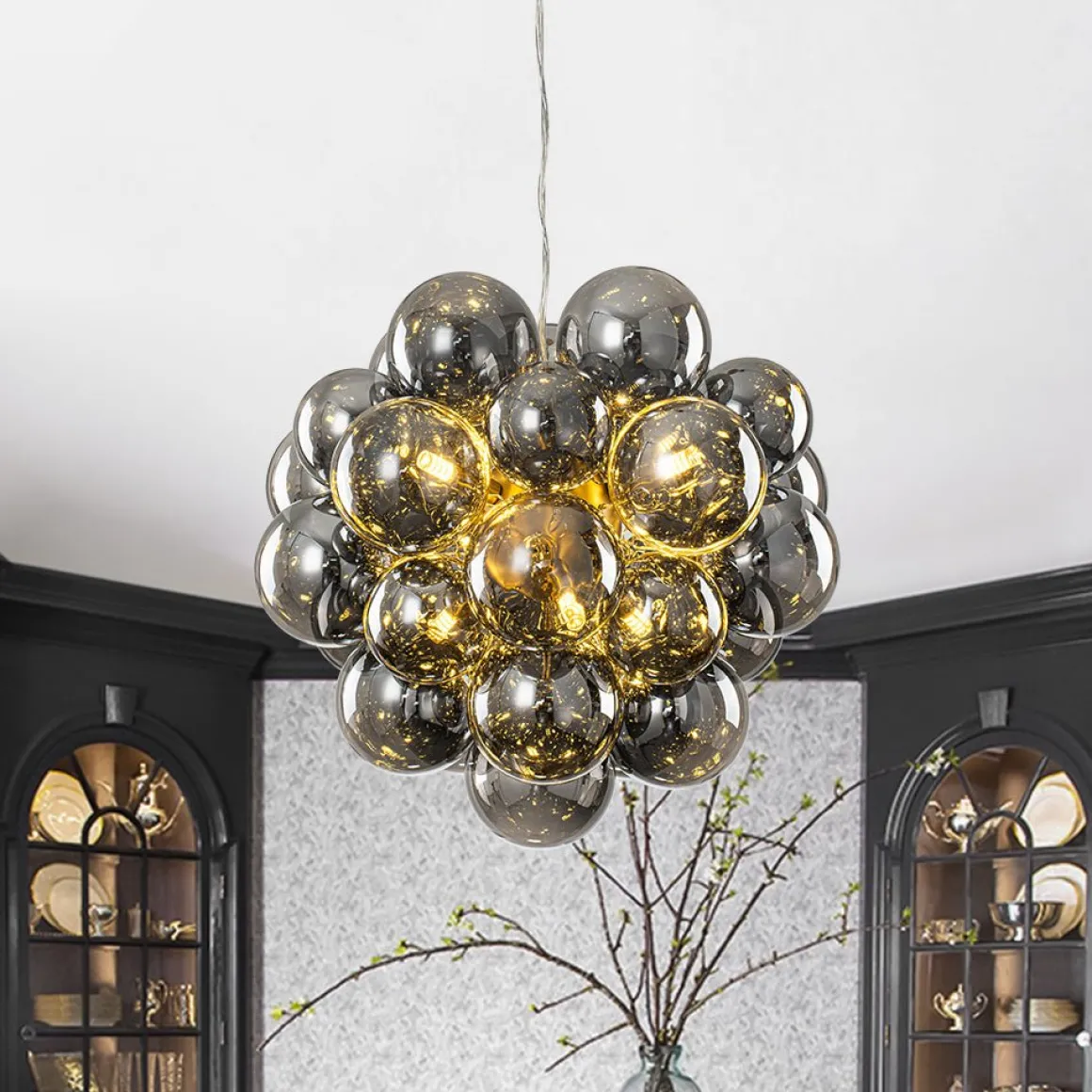 Moody Luxe Cluster Smoked Glass Bubble Sphere Chandelier