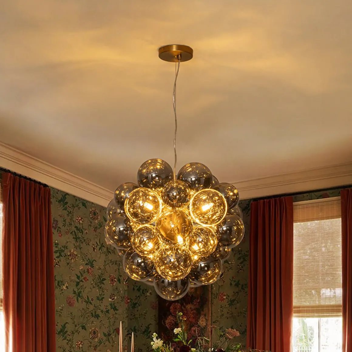 Moody Luxe Cluster Smoked Glass Bubble Sphere Chandelier