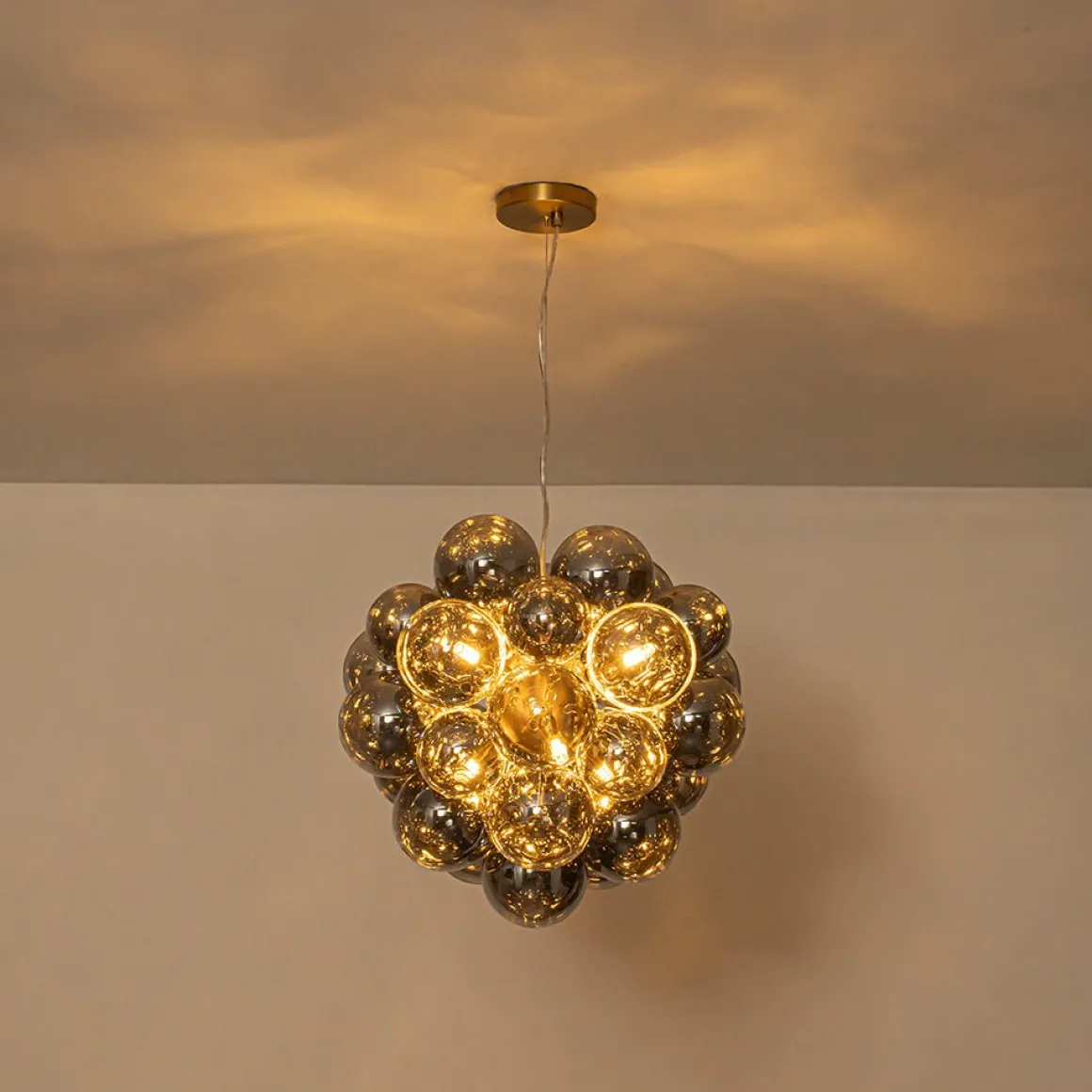 Moody Luxe Cluster Smoked Glass Bubble Sphere Chandelier