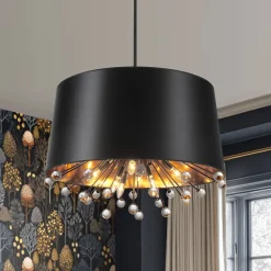 Moody Luxe Starburst Crystal Black Fabric Drum Cage Chandelier