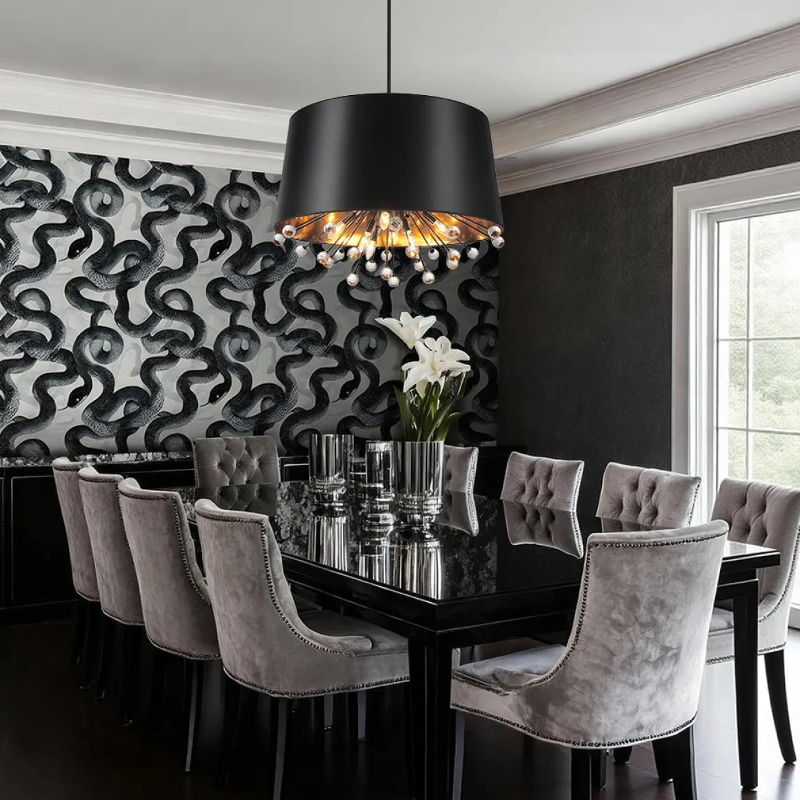 Moody Luxe Starburst Crystal Black Fabric Drum Cage Chandelier