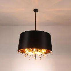 Moody Luxe Starburst Crystal Black Fabric Drum Cage Chandelier