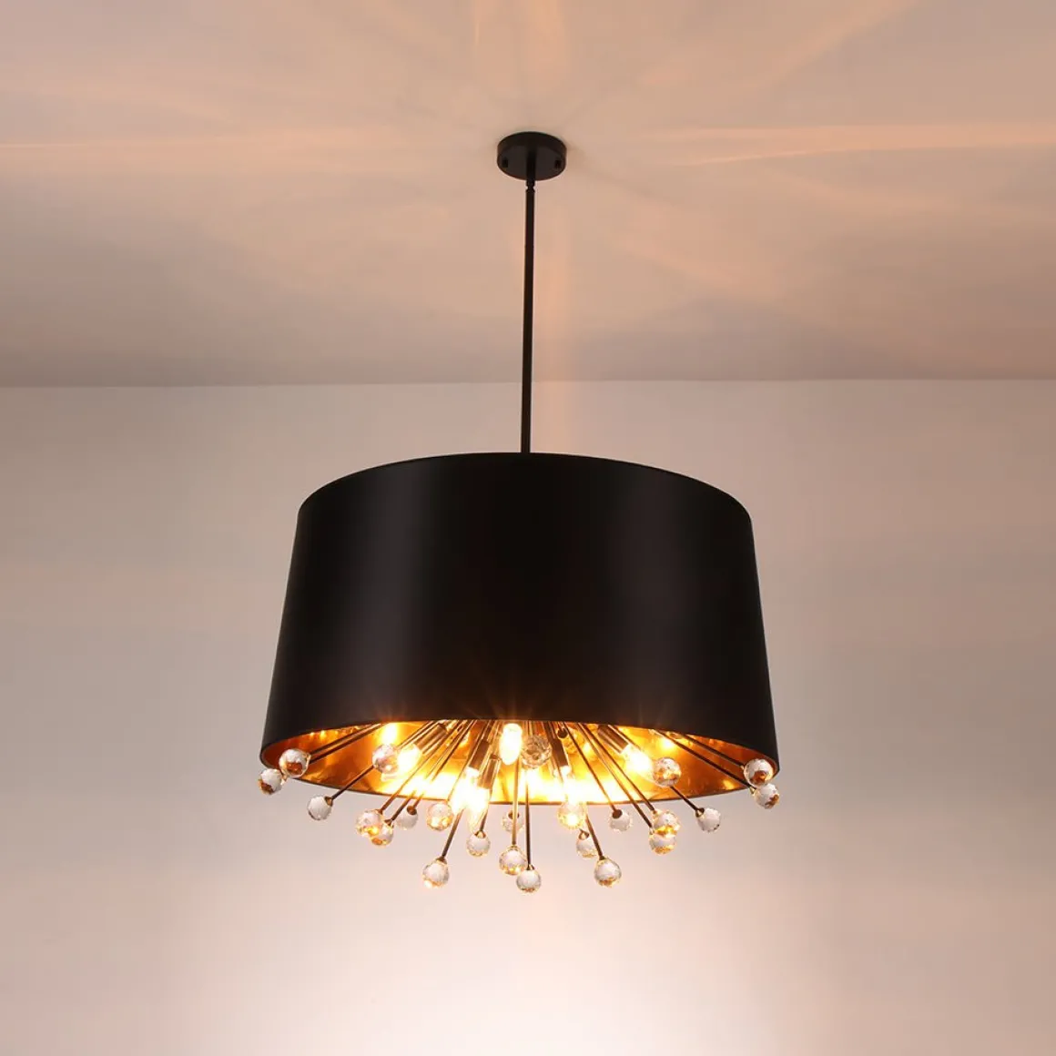 Moody Luxe Starburst Crystal Black Fabric Drum Cage Chandelier