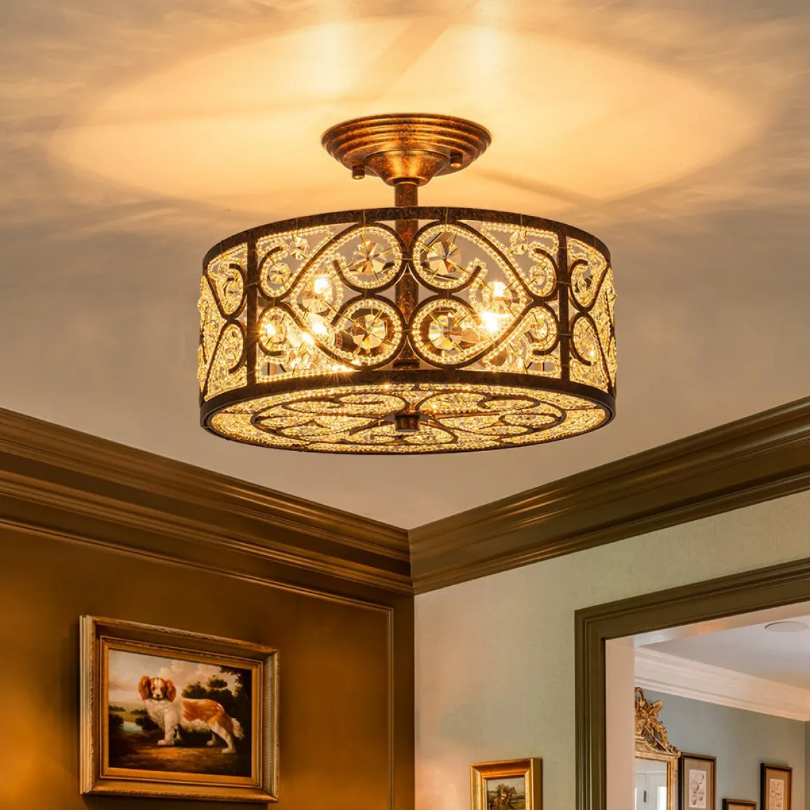 Moroccan Antique Crystal Drum Cage Semi Flush Mount