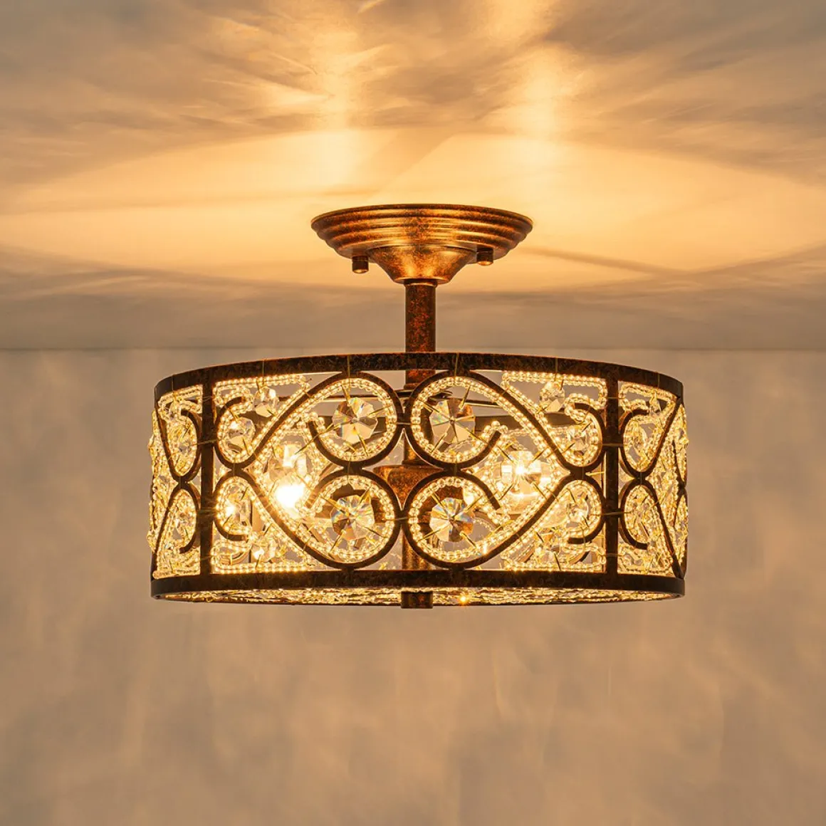Moroccan Antique Crystal Drum Cage Semi Flush Mount