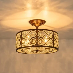 Moroccan Antique Crystal Drum Cage Semi Flush Mount