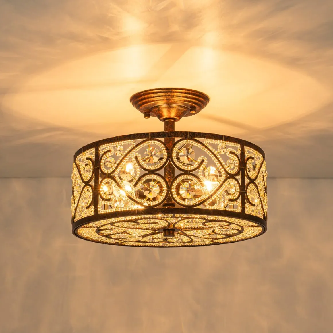Moroccan Antique Crystal Drum Cage Semi Flush Mount