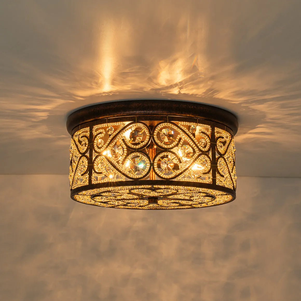 Moroccan Antique Crystal Drum Flush Mount Ceiling Light