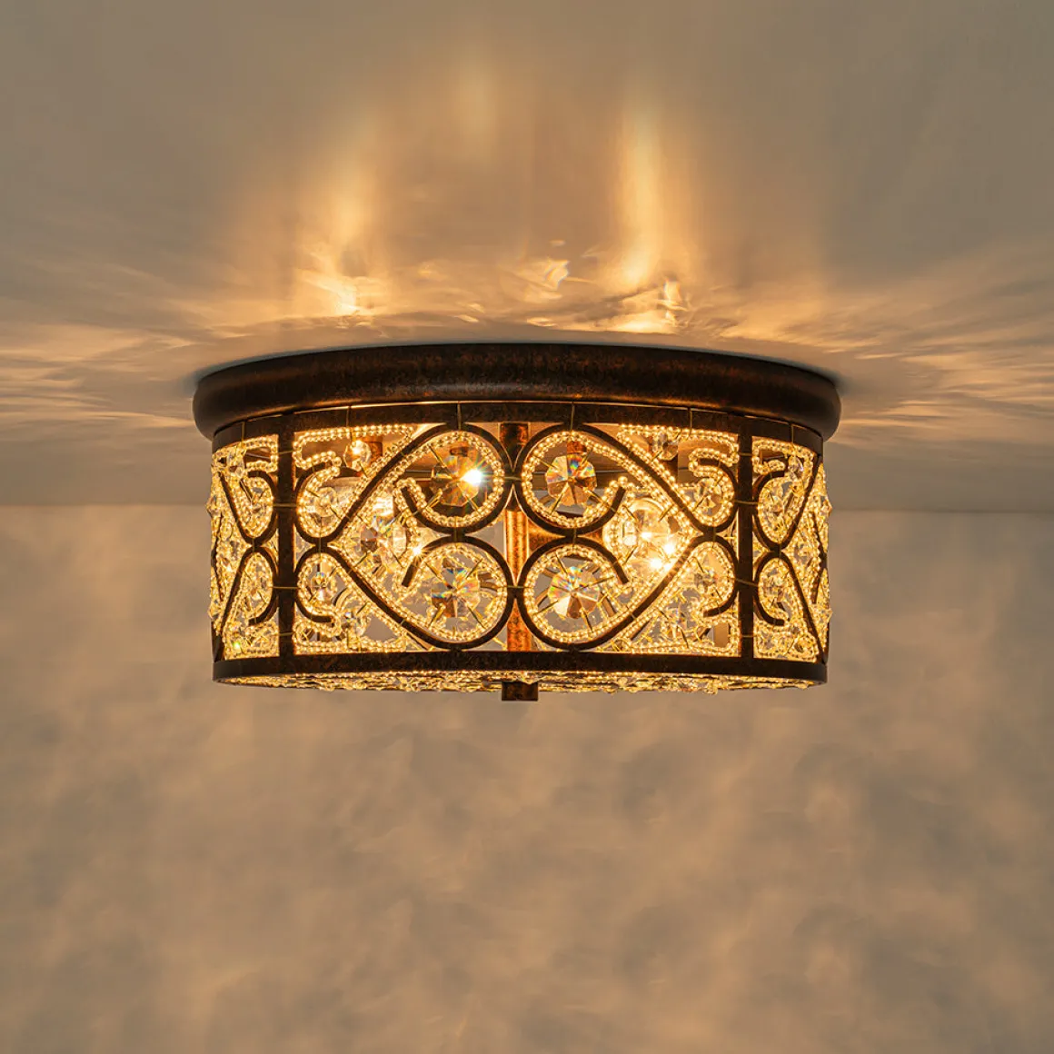 Moroccan Antique Crystal Drum Flush Mount Ceiling Light