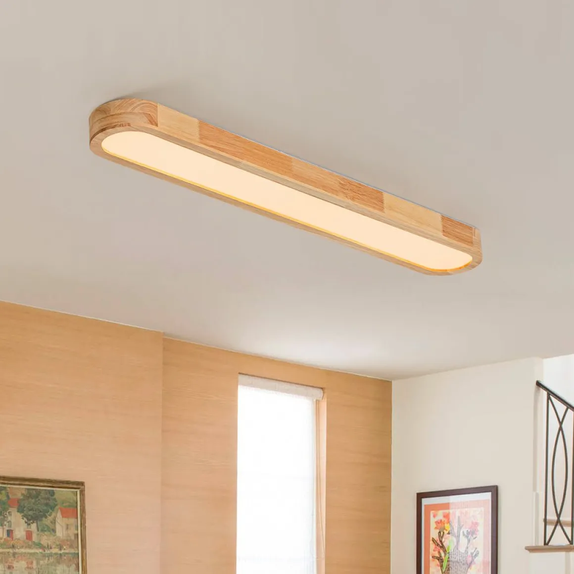 Natural Wood Long Oval Dimmable LED Flush Mount Light