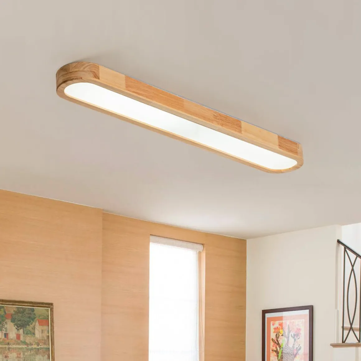 Natural Wood Long Oval Dimmable LED Flush Mount Light
