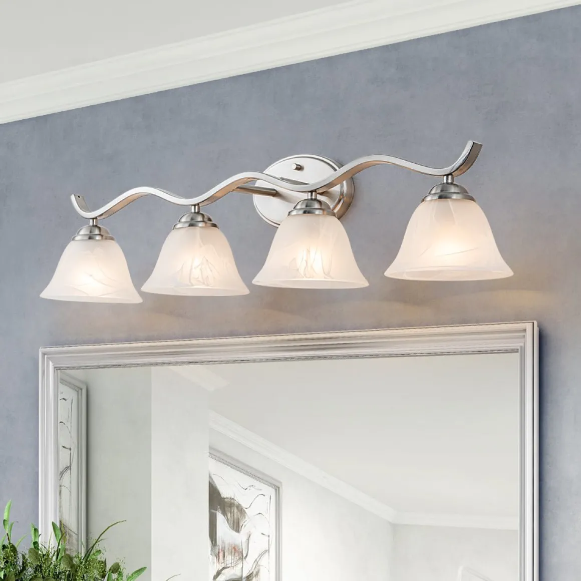 Nickel 4-Light Cloud Glass Bell Shade Vanity Light