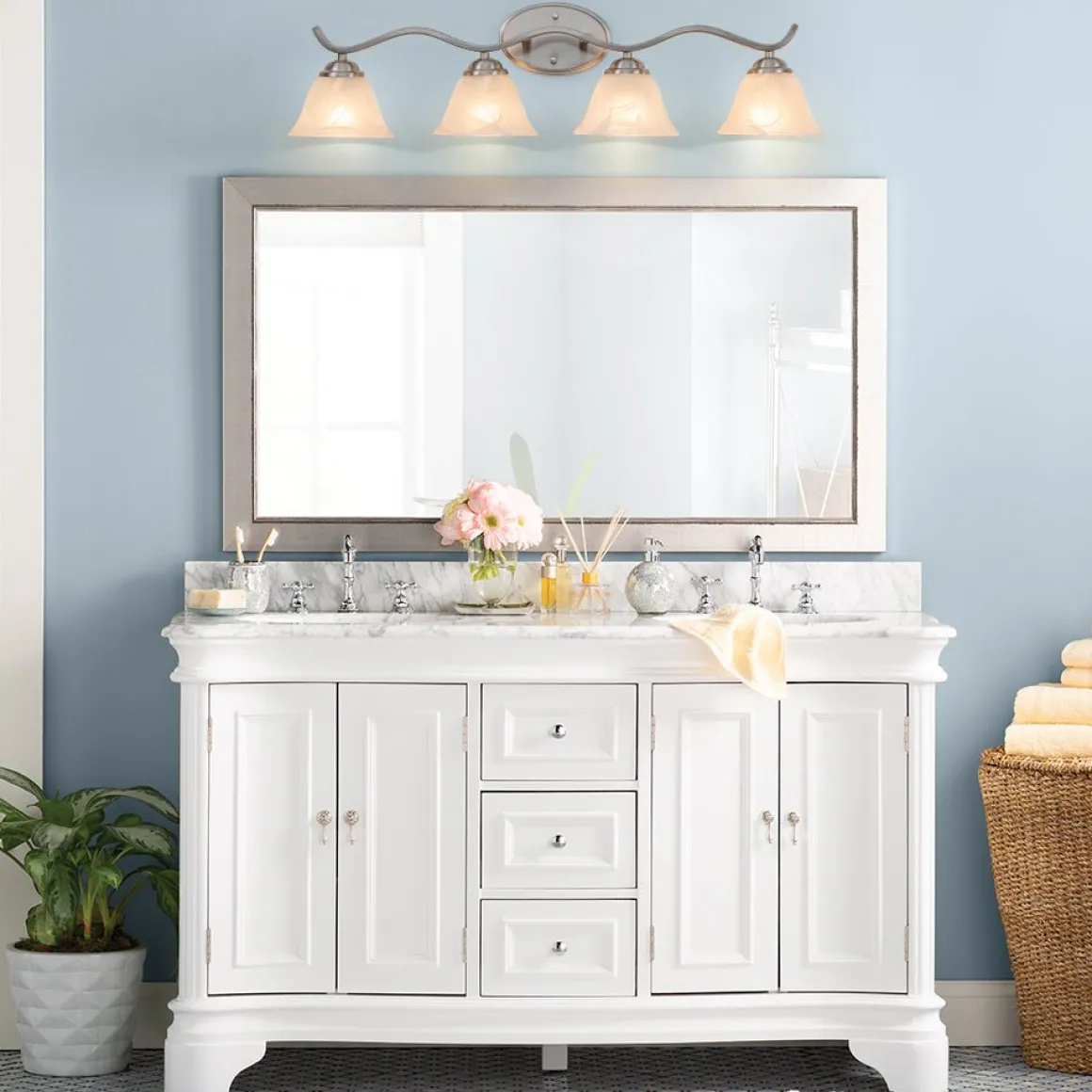 Nickel 4-Light Cloud Glass Bell Shade Vanity Light