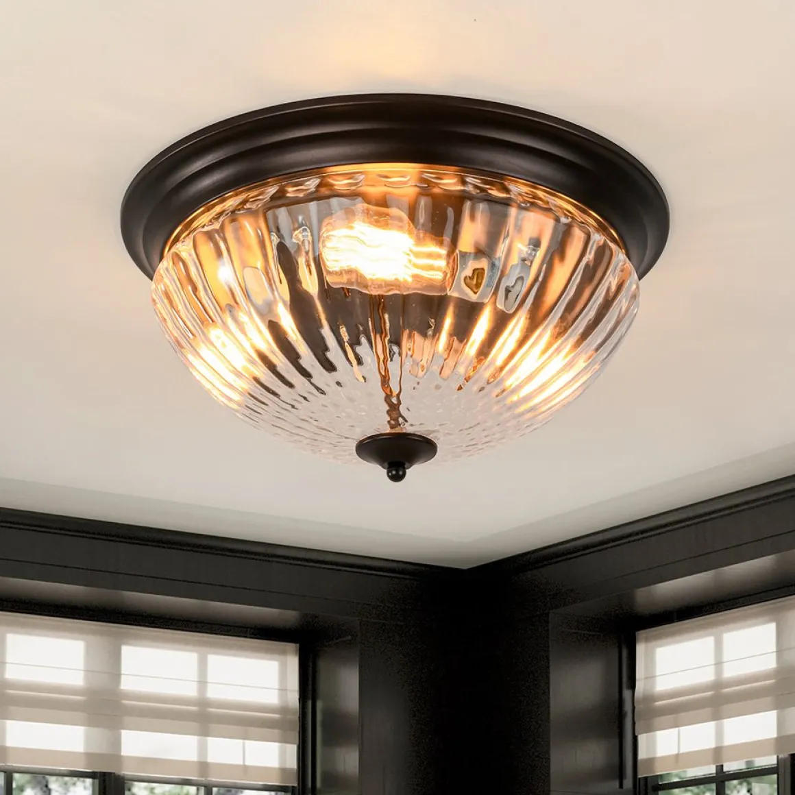 Oil Rubbed Bronze Fluted Glass Flush Mount Ceiling Light