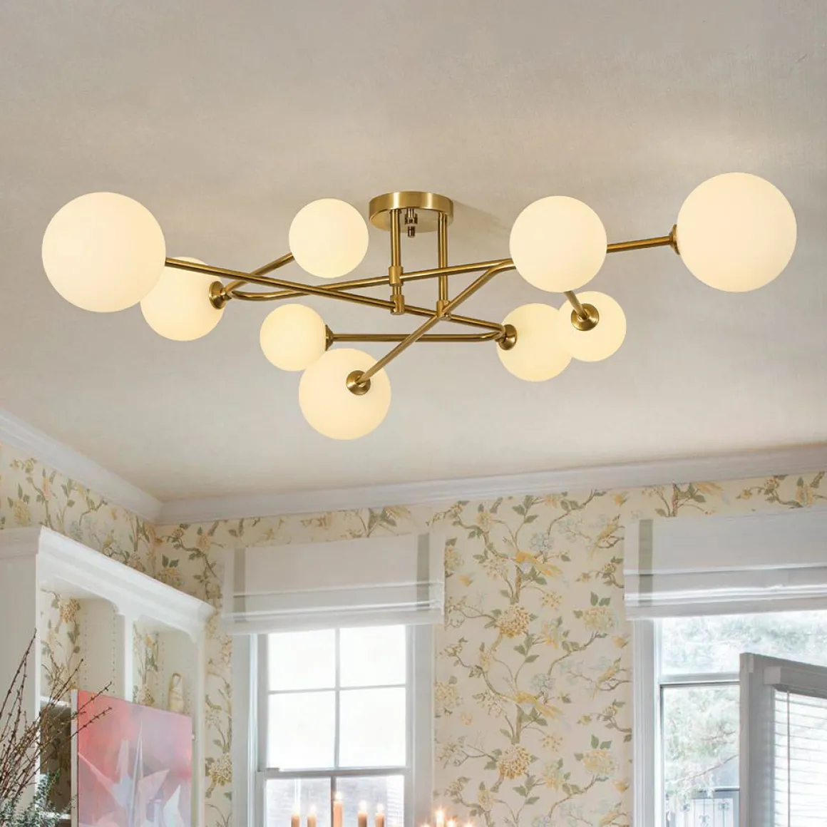 Opal Glass Bubble Brass Linear Sputnik Semi Flush Mount