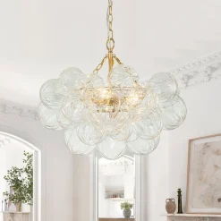 (OpenBox) Brass Cluster Sculpture Texture Glass Globe Bubble Chandelier